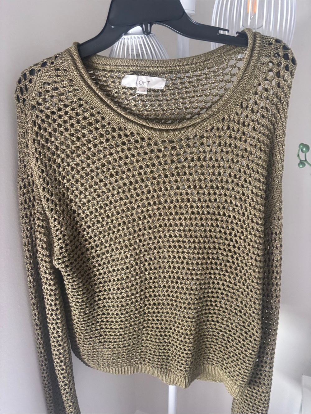 LOFT Olive Open-Weave Crewneck Sweater